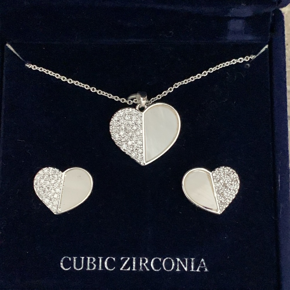 Danecraft fine silver plate cz heart necklace/earring set
